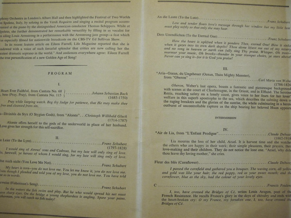 1960'S PROGRAM: EILEEN FARRELL, SOPRANO. SIGNED. TROVILLO ON PIANO. MUSICIAN