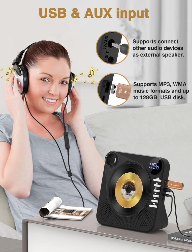CD Player with HiFi Dual Speaker Portable Bluetooth,Desktop Black