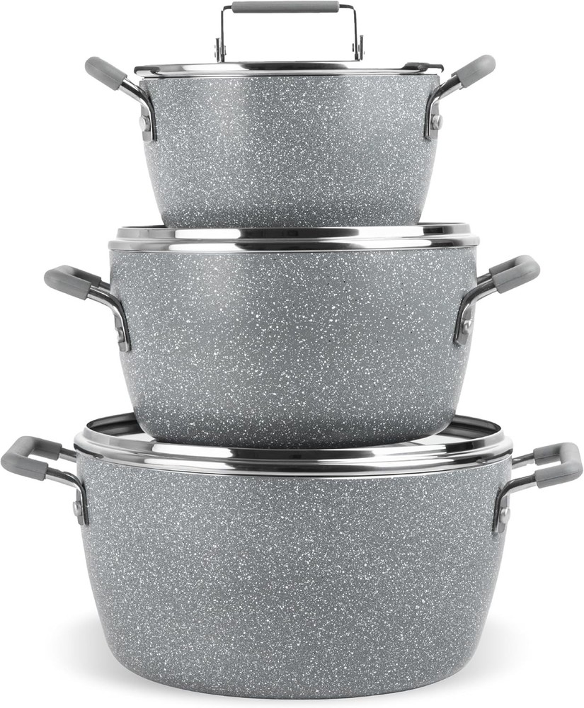 Gray Pots and Pans Set Nonstick, 6 Stackable Piece Cooking Pots Set, Kitchen Po