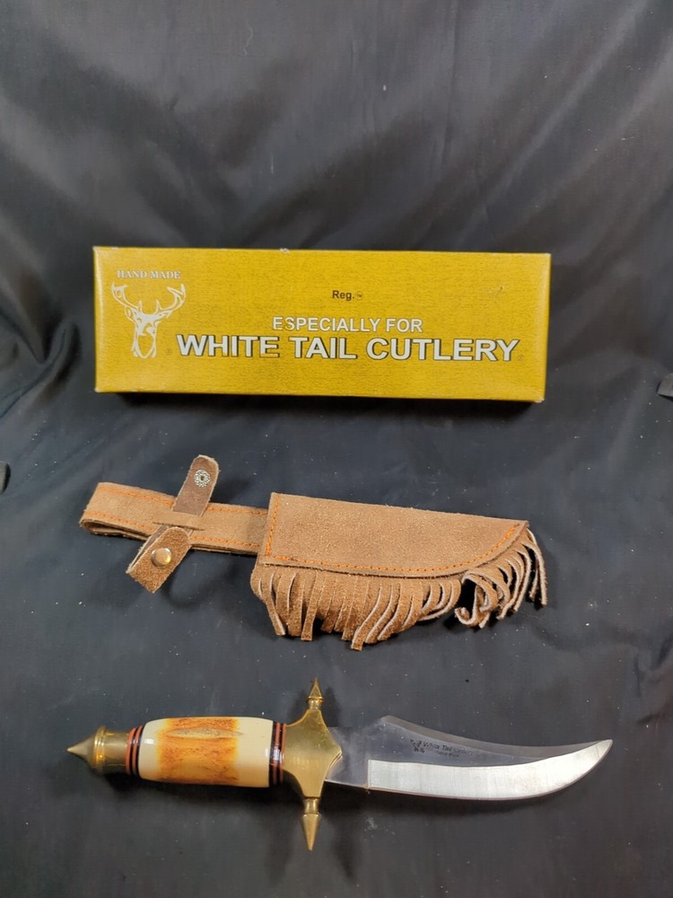 White Tail Cutlery Fixed Blade Knife Leather Sheath Torched Bone Handle Spikes