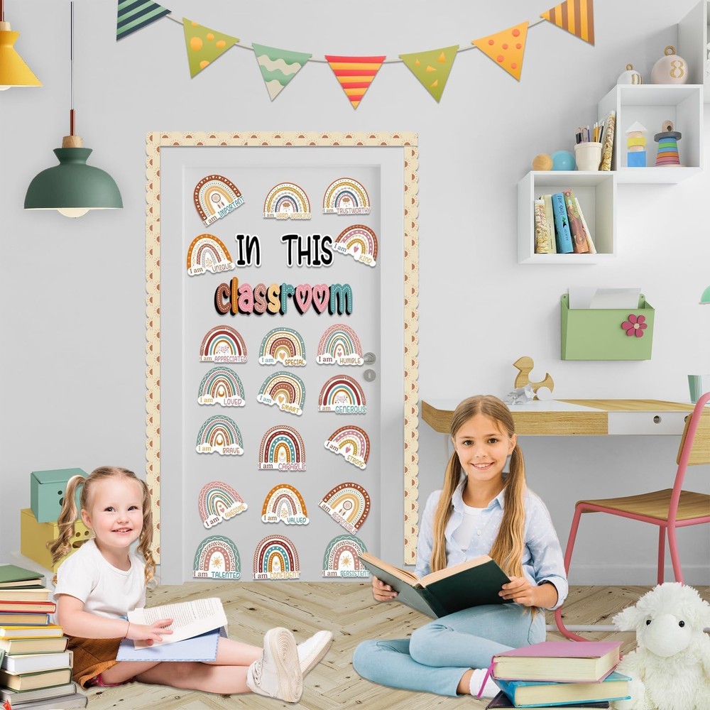 Bulletin Board Decorations, Boho Classroom Decor Set, 43 Pack Boho Rainbow Mo...