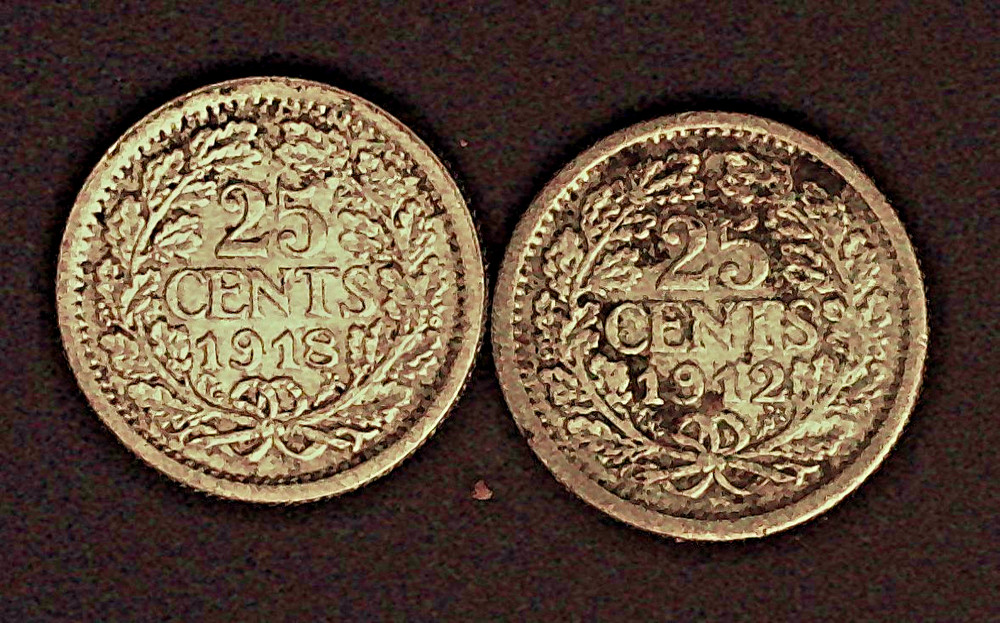 1912 and 1918 Netherlands 25 Cent silver coins