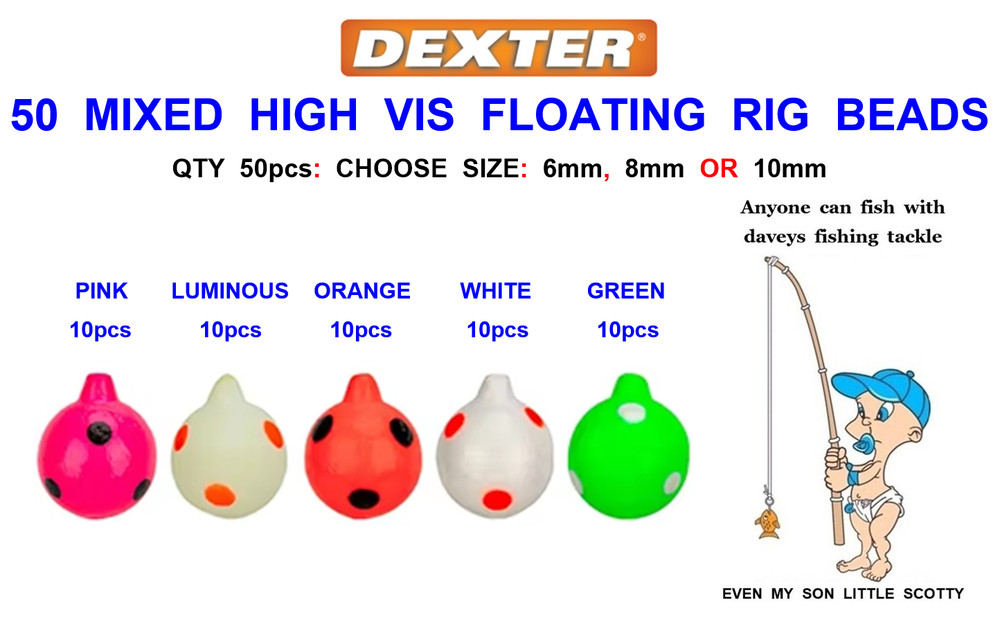 BULK 50 MIXED DEXTER: FLOATING RIG BEADS ROUND INLINE POP UP ATTRACTOR RIG BEADS