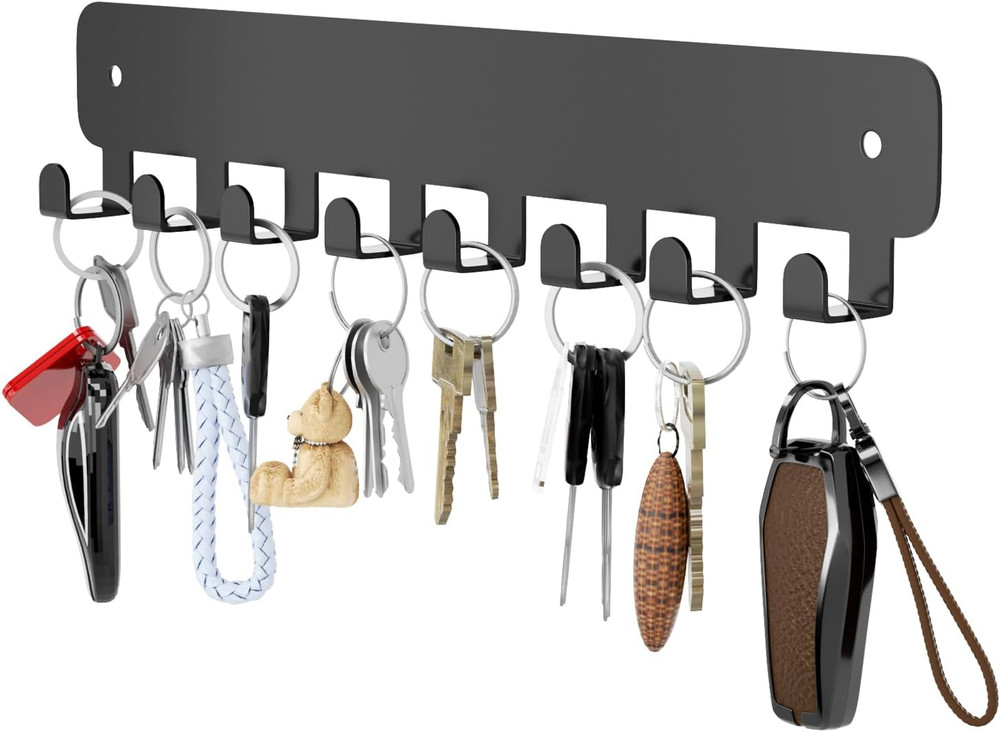 1 Pack Key Holder for Wall Adhesive, Key Hooks with 8 Hooks Wall Mounted, Black
