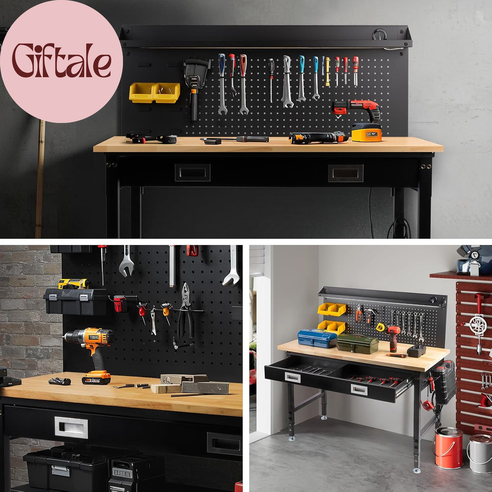 60" Workbench with Drawers, Work Benches for Garage with Strip Light, Adjustable