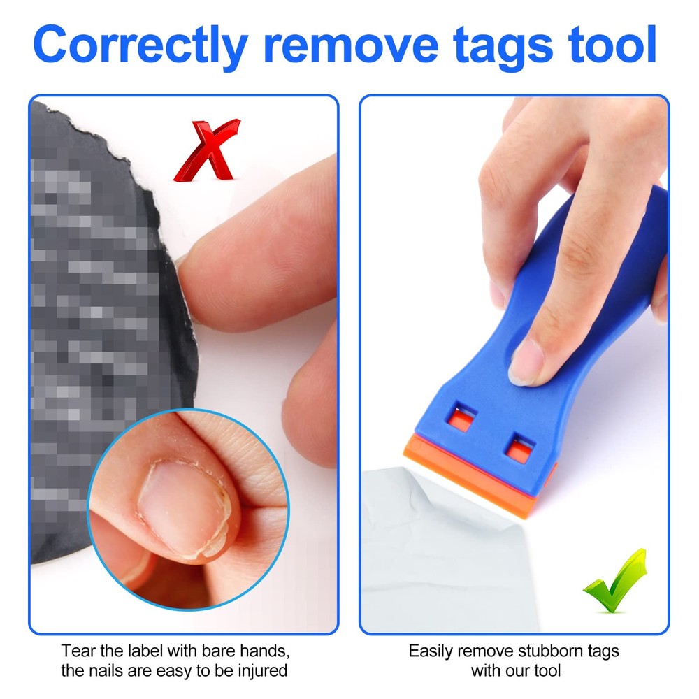 4 Pcs Plastic Razor Blade Scraper and 100 Blades, Remove Label Decal Blue