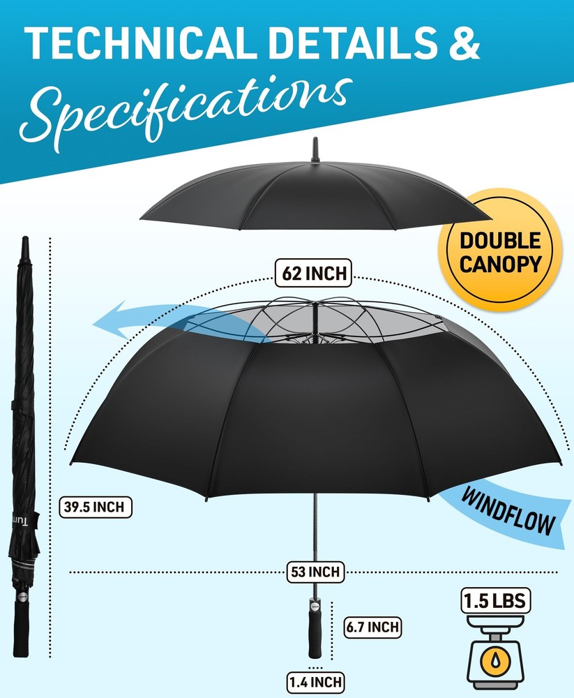 TUMELLA Golf Umbrella 62 Inch Windproof, Extra Large Auto Open, Double Canopy