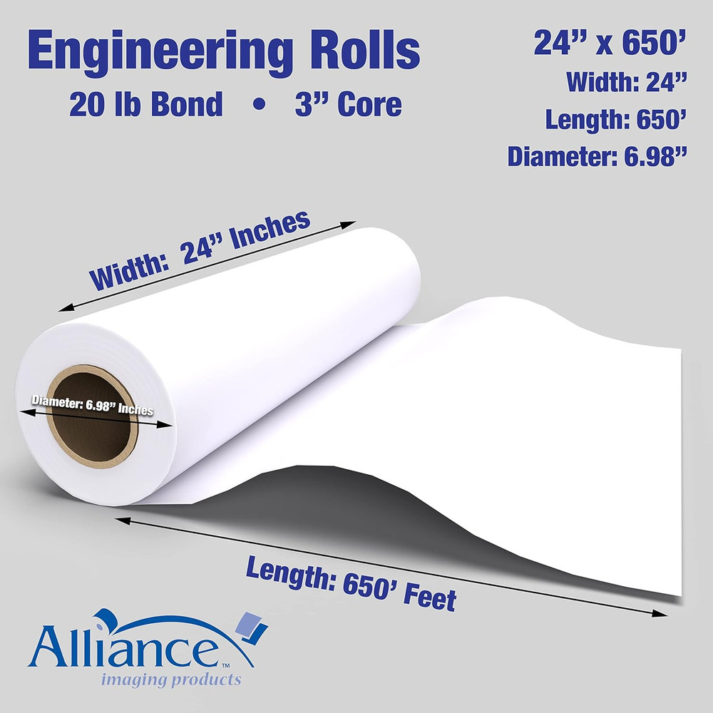 Wide Format Paper Rolls Bond Engineering (24 in X 650 Ft | 3" Core)