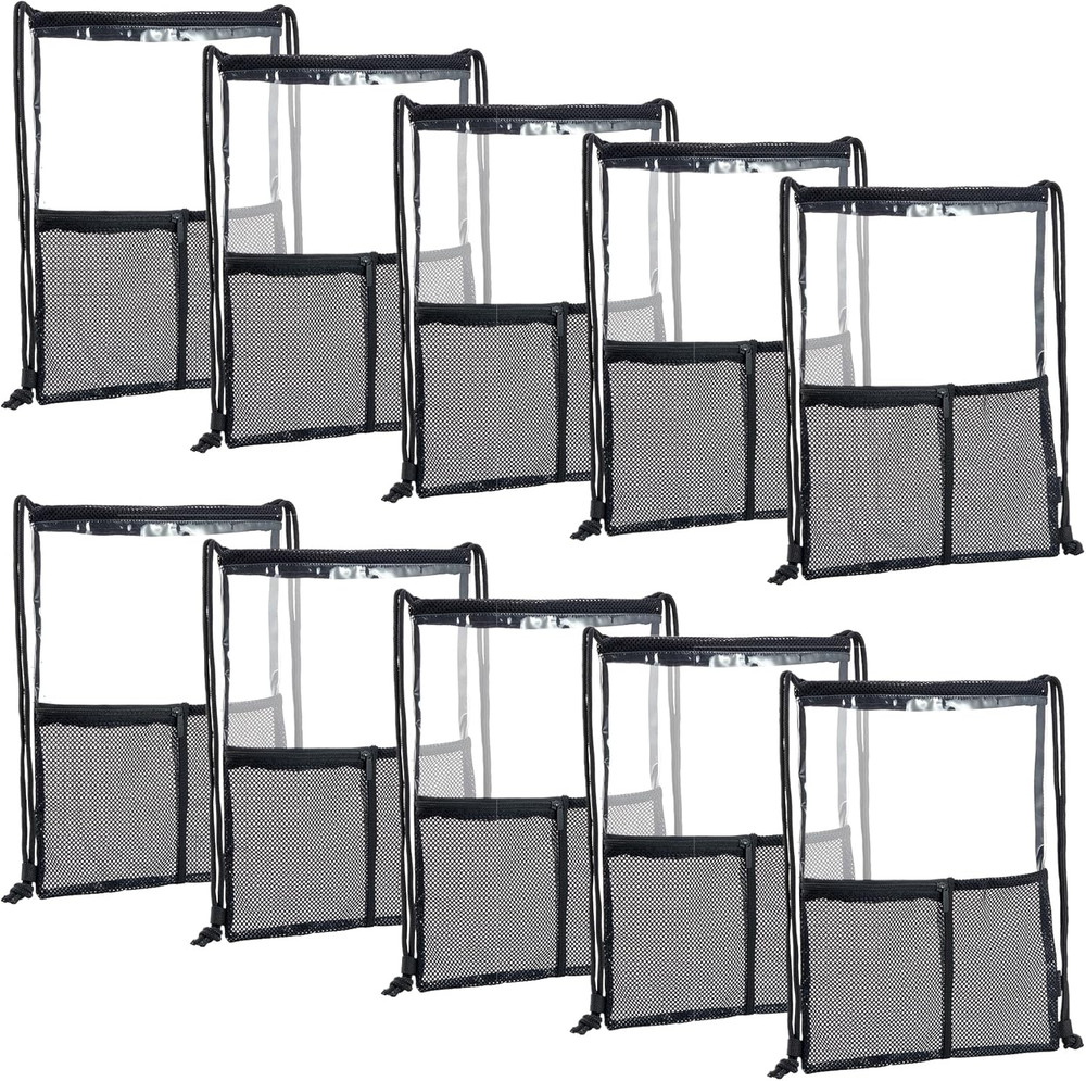 Clear Drawstring Backpack - 10Pack String Cinch Bag Mesh Pocket, Bluk for Gym,St