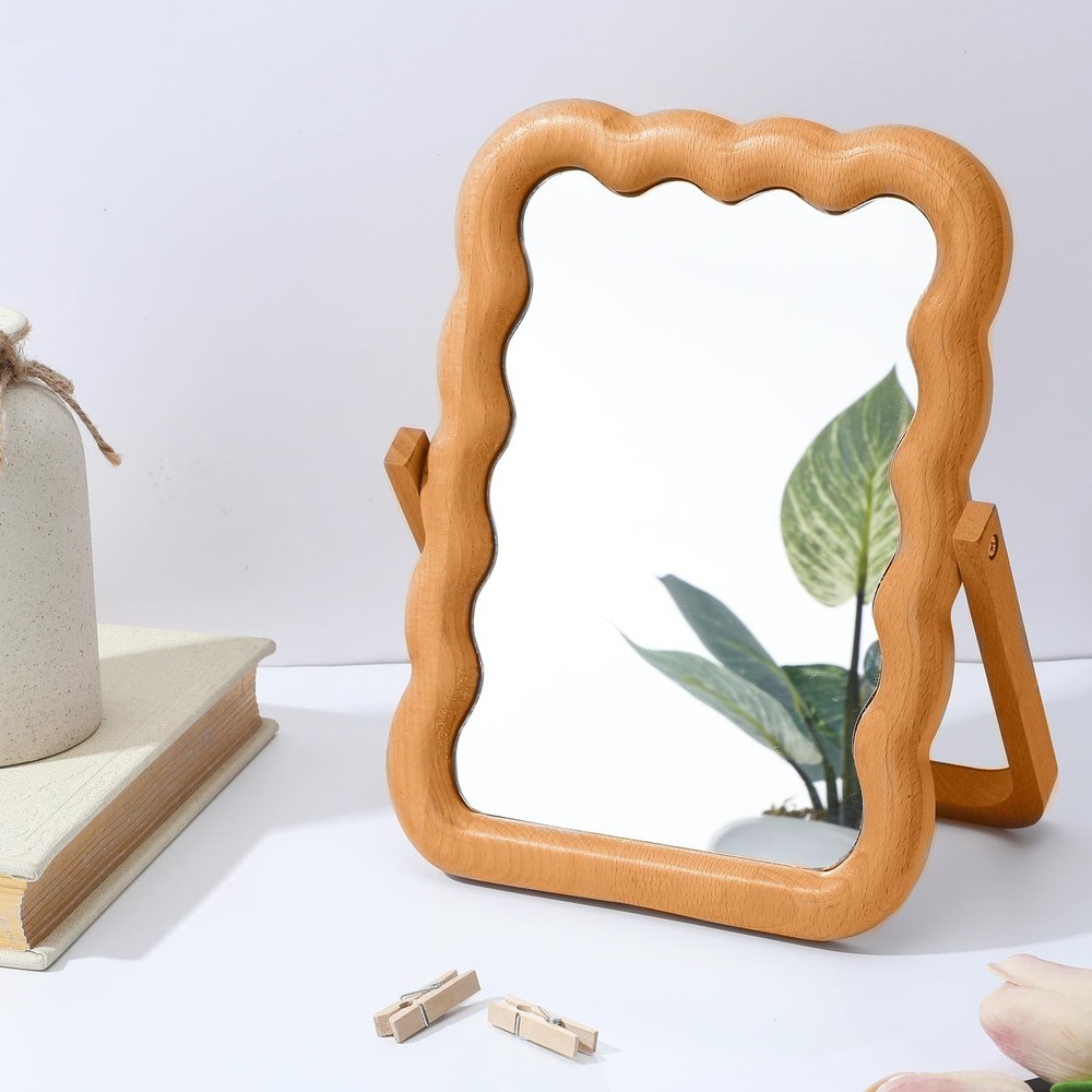 Wooden Wave Shaped Makeup Table Mirror with Stand Folding Tabletop Vanity Mir...