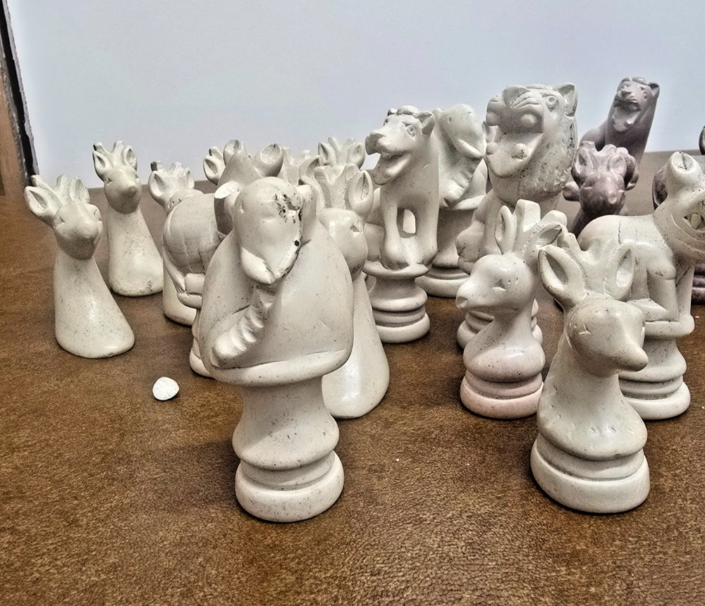 Vintage Stone Chess Pieces Animal Theme missing a piece (see description)