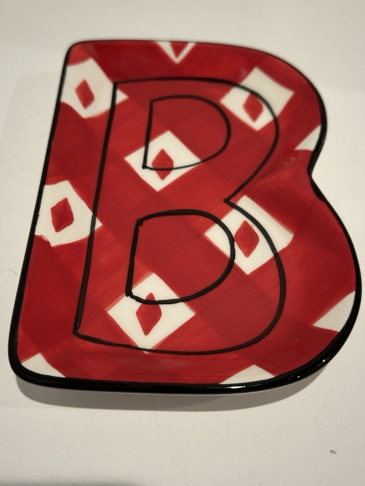 Red Plaid Letter B Ceramic Trinket Dish