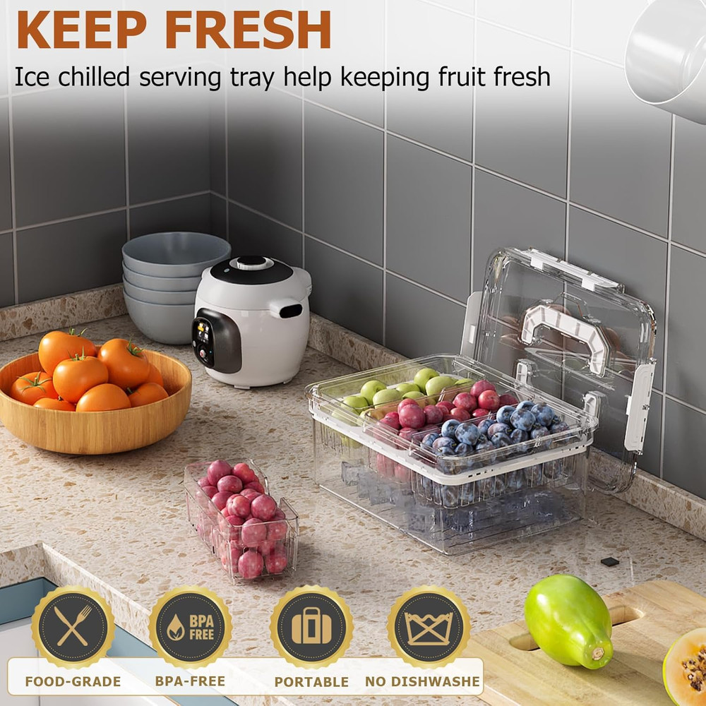 Ice Chilled Condiment Caddy with Portable Handle, 3 Compartment Serving Tray wit
