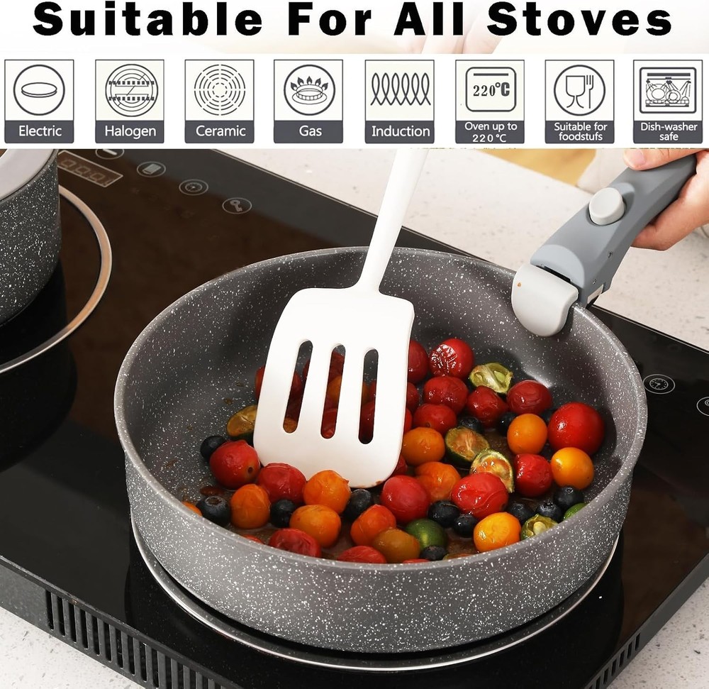 Gray 5-Piece Non-Stick Ceramic Cookware Set with Detachable Handle, Oven Safe...