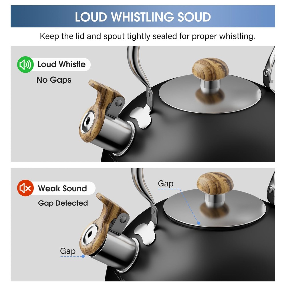 Whistling Tea Kettle 2.6 Quart with Cool Wood Pattern Handle Black Color