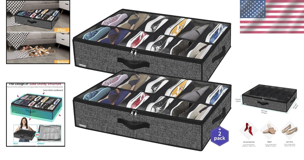 Durable and Foldable Under Bed Shoe Storage - 24 Pair Capacity with Clear View