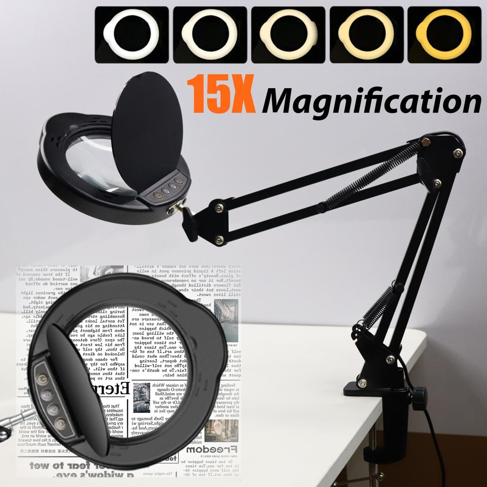15X Magnifier Lamp with Protective Cover Adjustable LED Light for Precision Work
