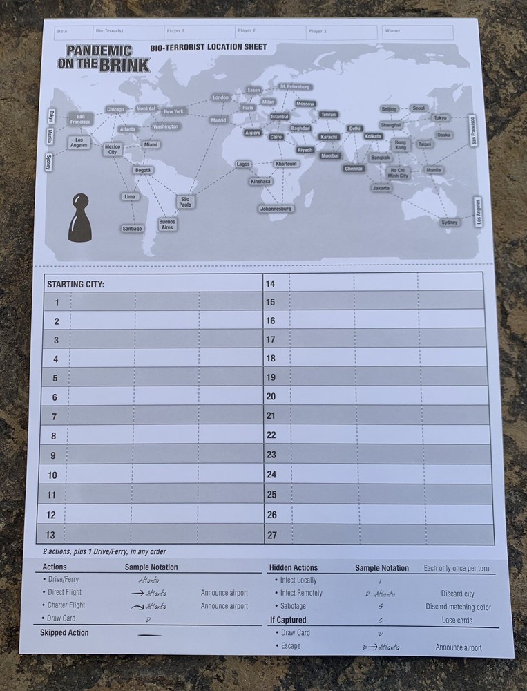 Pandemic Board Game Bio-Terrorist Location Sheet. Tablet