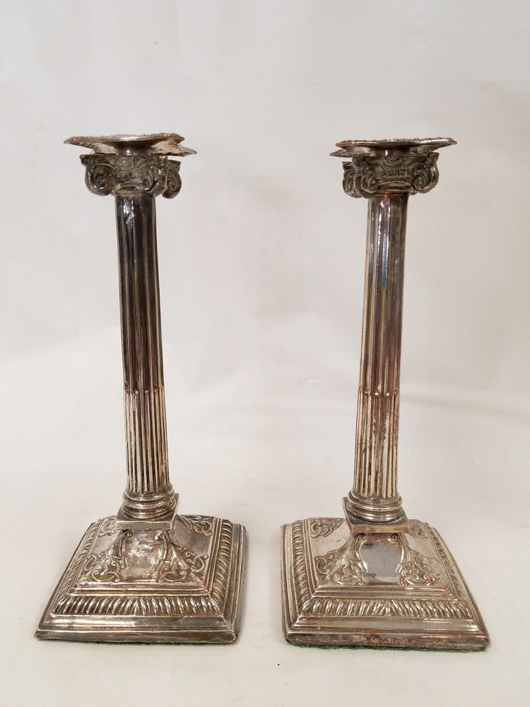 Pair Antique Sheffield Silver on Copper Neo-classical Taper Candlesticks