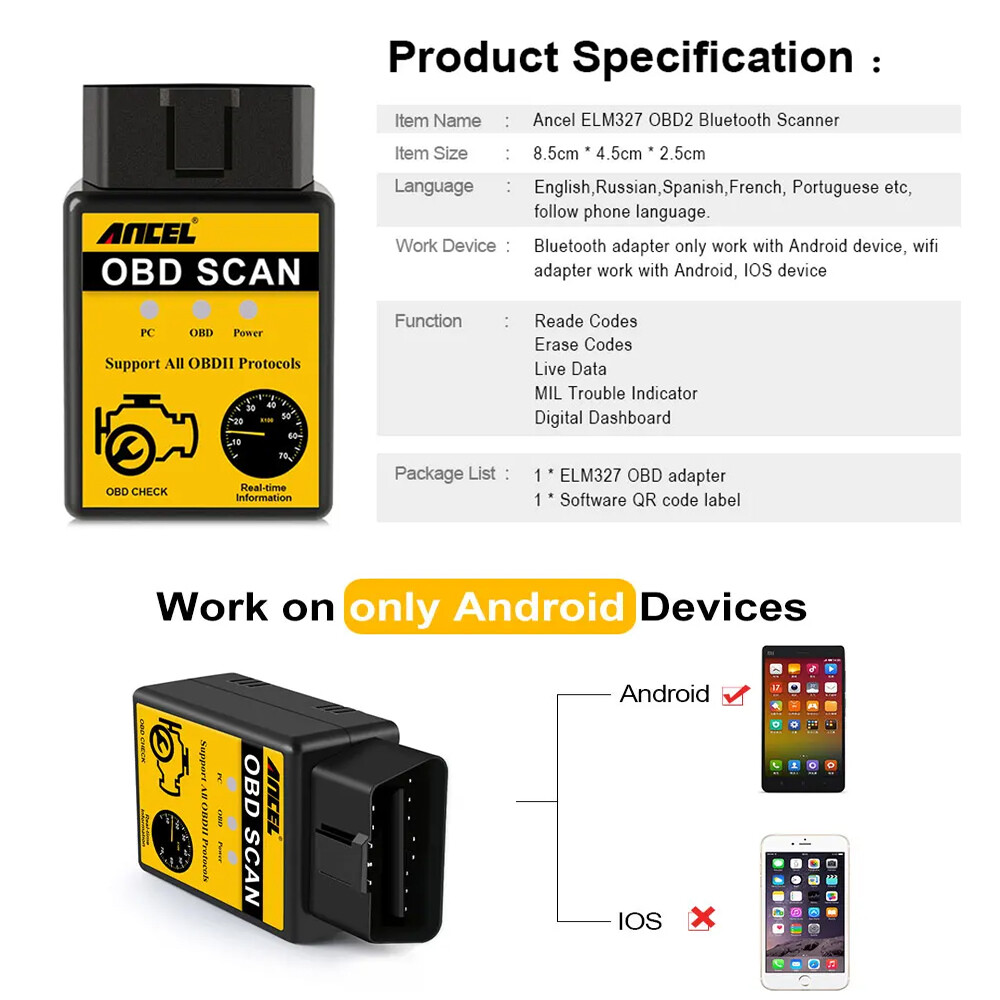 ELM327 OBD2 OBD Scanner Bluetooth Code Reader Auto Diagnostic Tool Check Engine