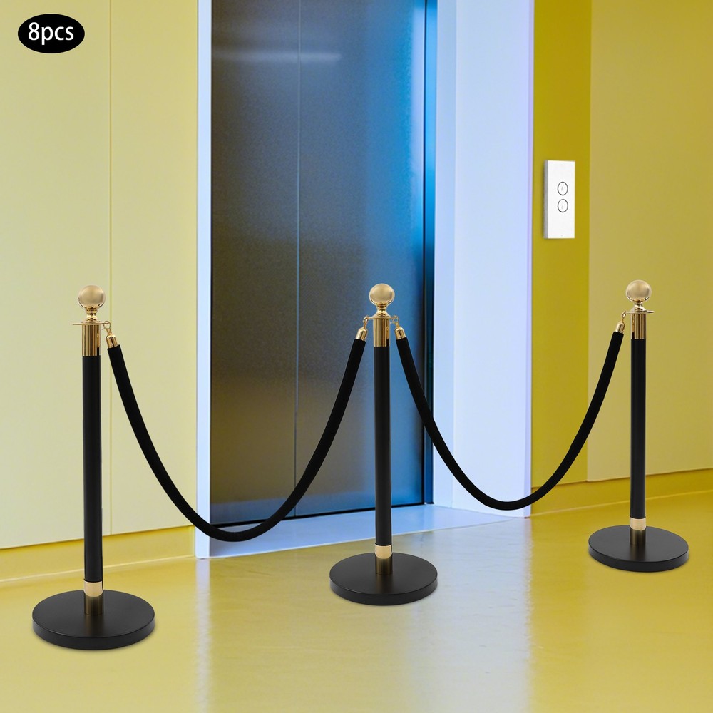 8PCS Black+Gold Stanchion Posts Queue Pole w/ 4 1.5M Ropes Crowd Control Barrier