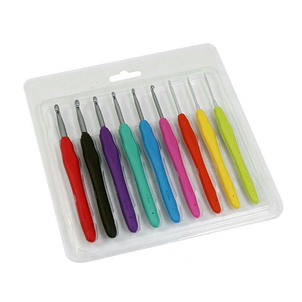 Crochet Hook Set 9Pc Soft Grip Ergonomic Aluminium Hooks 2mm-6mm Colour Coded