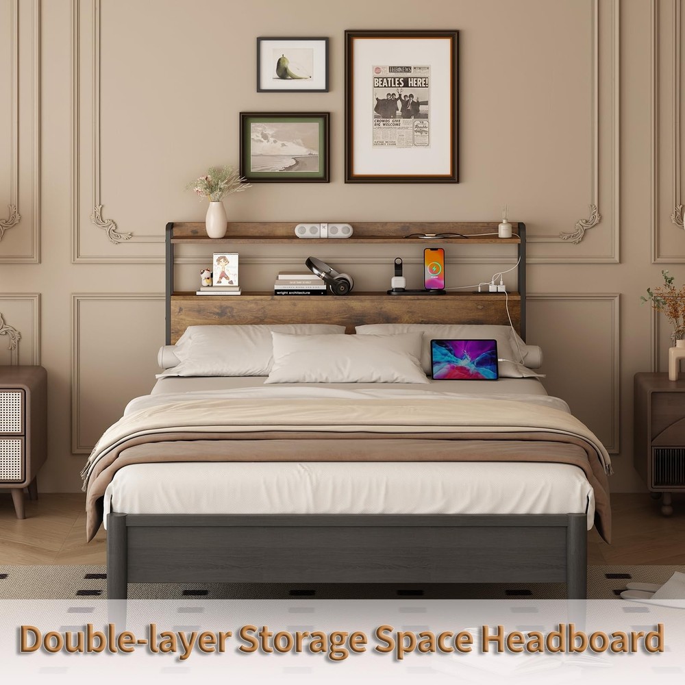 Adjustable Full Size Headboard with Outlets, USB Ports,Type-C LED Lights, and...