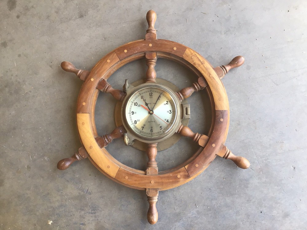 Ship’s Time Quartz Wheel Clock, Solid Wood/Brass 24.5”