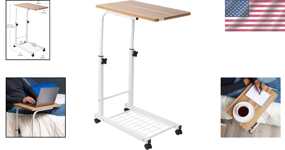 Height Adjustable Laptop Desk with Locking Wheels & Storage - Modern Elegance