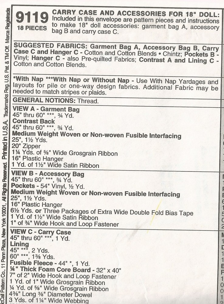 9119 McCalls Sewing Pattern 18" Doll Carry Case Garment & Accessory Bag