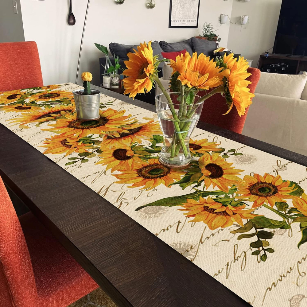 Fall Sunflowers Table Runner, Vintage Spring Summer Flower Home Kitchen Dining D