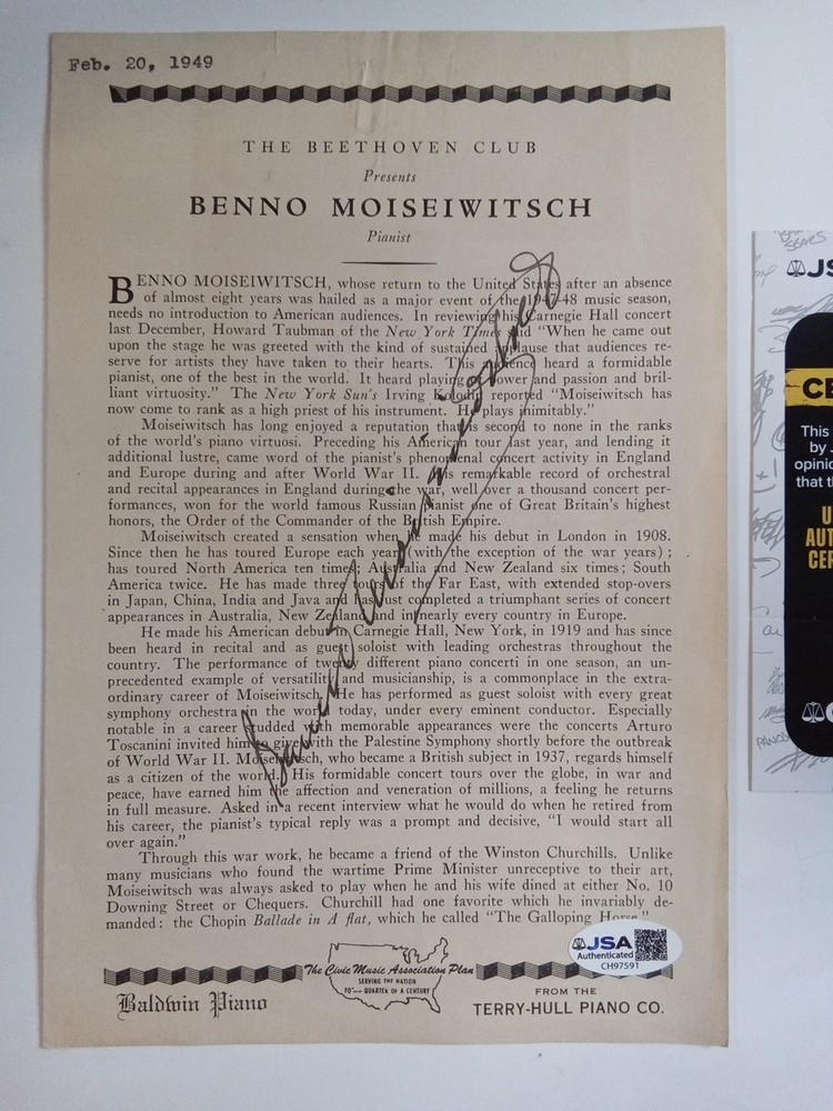 Benno Moiseiwitsch Signed Program Classical Pjanist Rachmanioff JSA