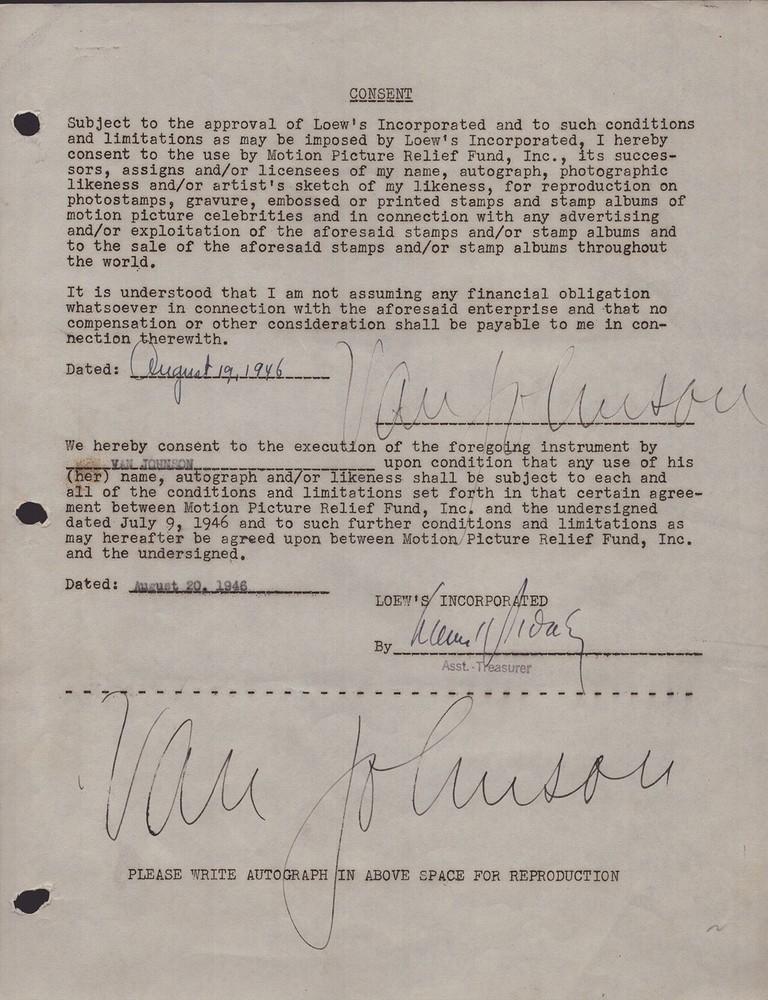 VAN JOHNSON - DOCUMENT DOUBLE SIGNED 08/19/1946