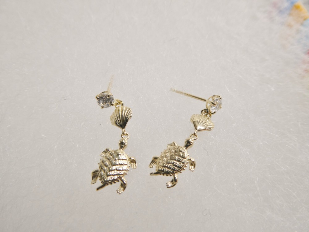 10K REAL SOLID YELLOW GOLD TURTLE DANGLING STYLE PUSH POST EARRINGS