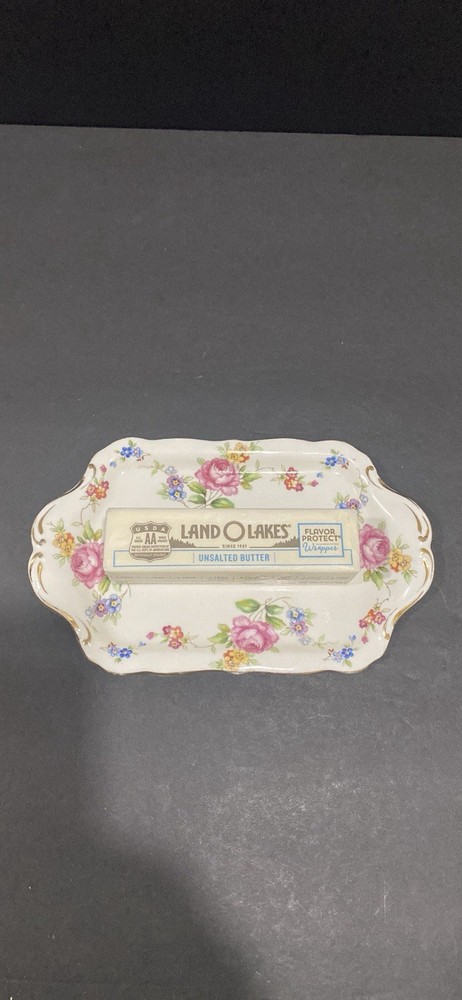 Hammersley Small Rectangular Trinket Tray Butter Dish Rose And Blue Daisys Eng.