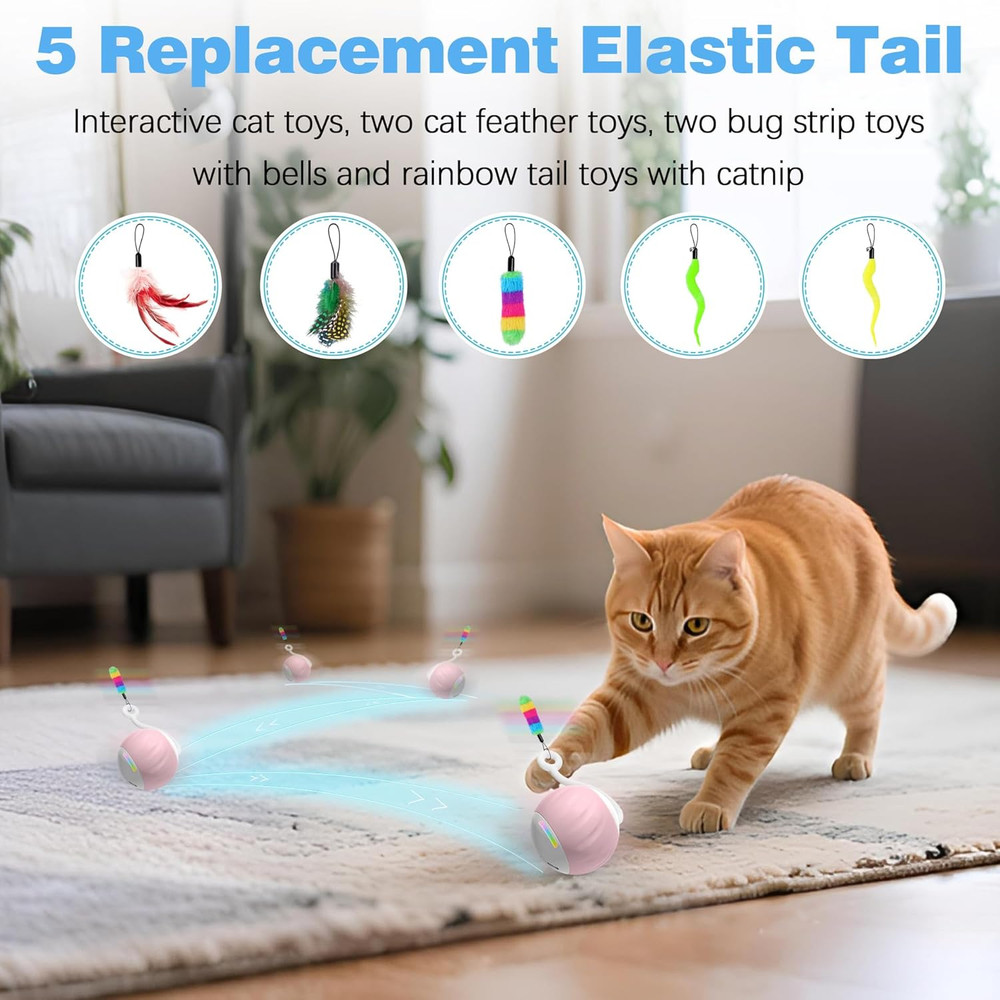 Interactive Cat Toy with LED Lights & Feathers - 2 Speed Motion Ball