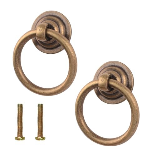 2PCS Solid Antique Brass Cabinet Pulls Ring Drawer Pulls, Antique Style