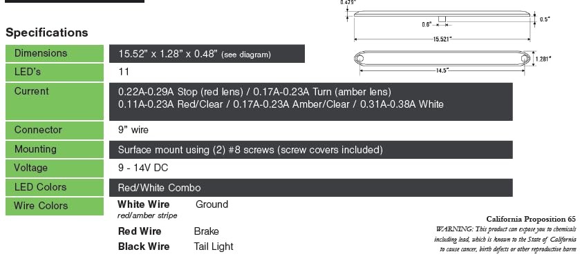 15" Clear Red Multi-function Stop Turn Tail Marker Trailer Light LED Bar Truck