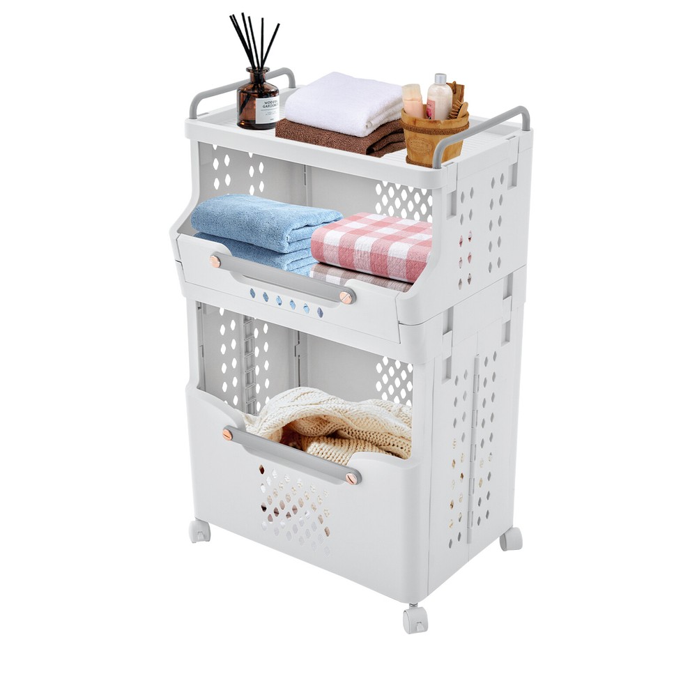 2-tier Movable Laundry Basket Laundry Hamper w/ Wheels Laundry Stackable Basket
