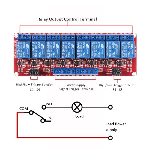 12V 8-Channel Relay Module with Optocoupler Isolation - High/Low Level Trigger