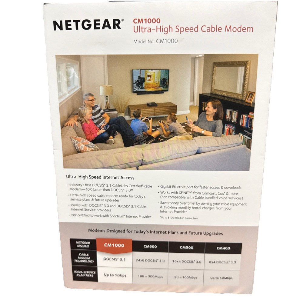 NETGEAR CM1000 Cable Modem DOCSIS 3.1 6Gbps Ethernet Xfinity Cox Black