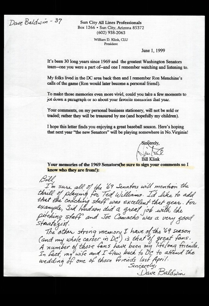 FAN LETTER RESPONSE - DAVE BALDWIN, RE: 1969 WASHINGTON SENATORS, BAS CERTIFIED