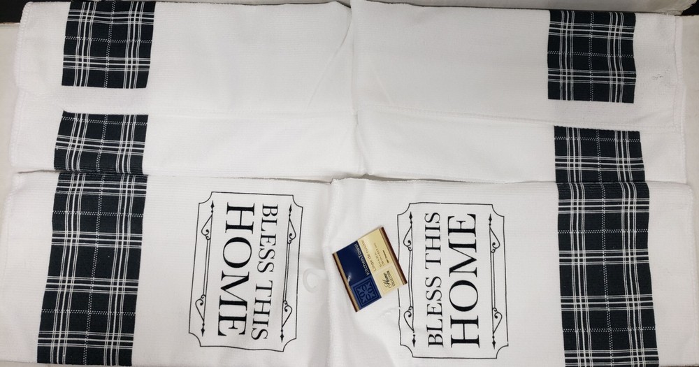 2 Same Microfiber Kitchen Towels (15" x 25") BLESS THIS HOME, BLACK & WHITE, GR