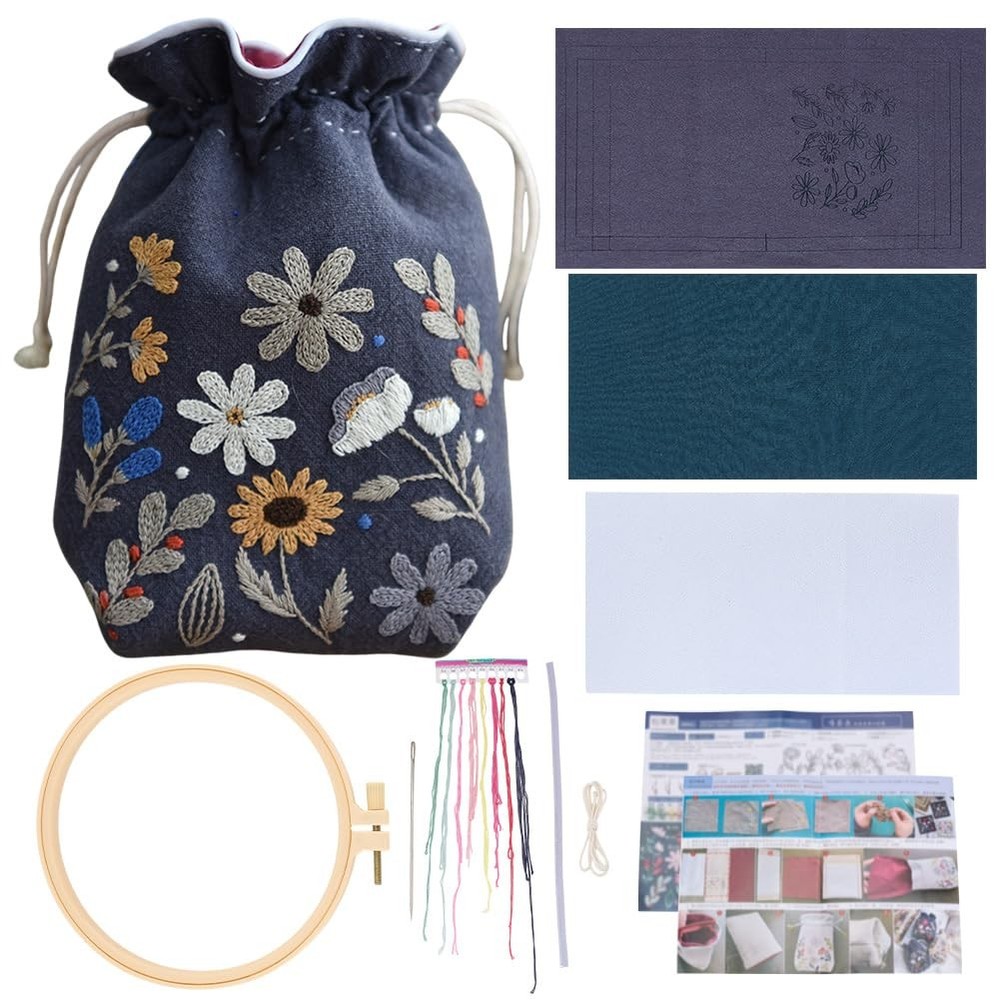 WEBEEDY DIY Embroidery Drawstring Bag Kit with Flower multicolor
