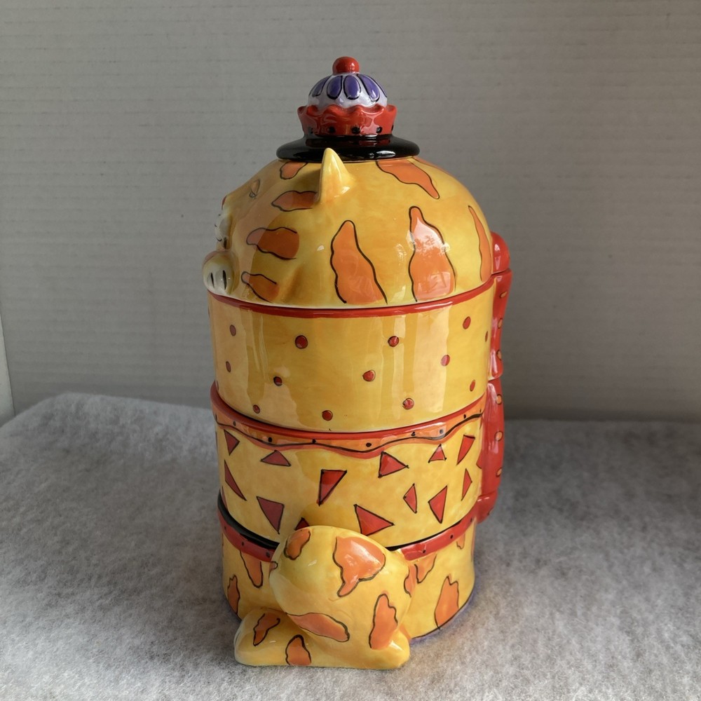 CM Redwine Folk Art Cat Ceramic Stackable spice bowls with lid