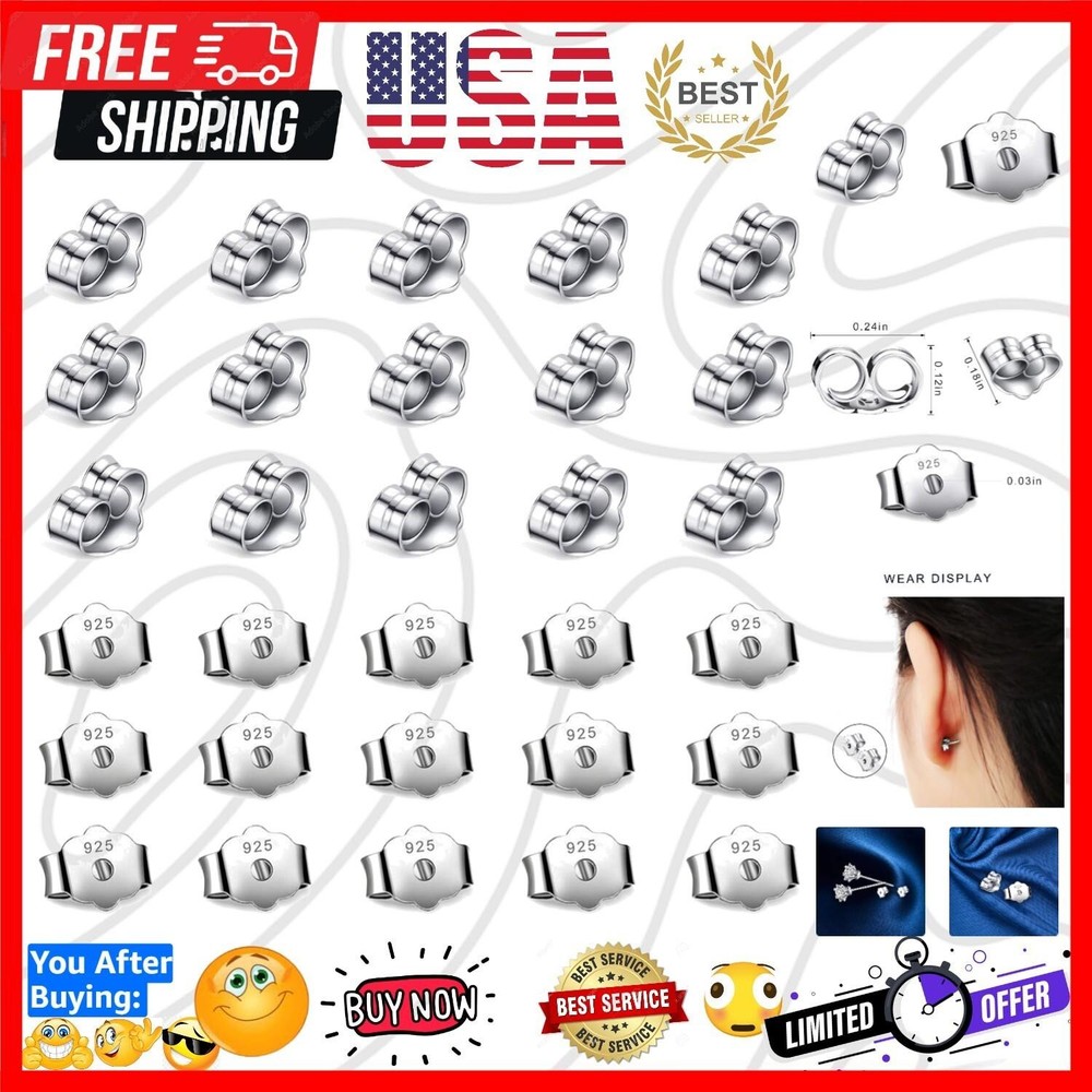 30pcs/15 Pairs 925 Sterling Silver Earring Backs Replacement Secure Ear Locking