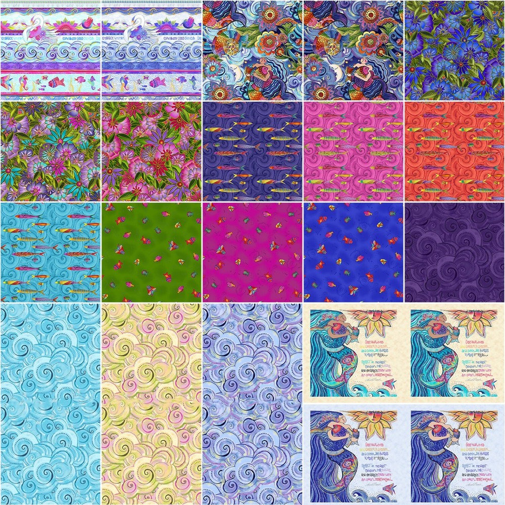 Sea Goddess PANEL LIGHT PERIWINKLE Mermaid Text Laurel Burch PANEL Fabric 1/3 YD