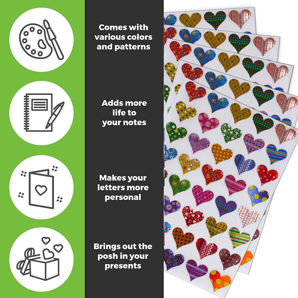 Heart Shaped Assorted Patterns Valentines Day Stickers Craft Projects 200 Pack