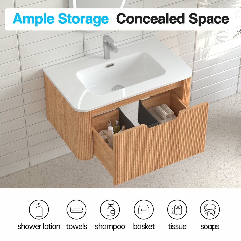 30" Wall-Mounted Floating Solid Wood Bathroom Vanity Pre-Assembled Curved Edge