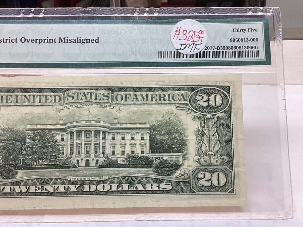 $20 1990 PMG 35 Misalignment Error District Overprint Fr#2077-B